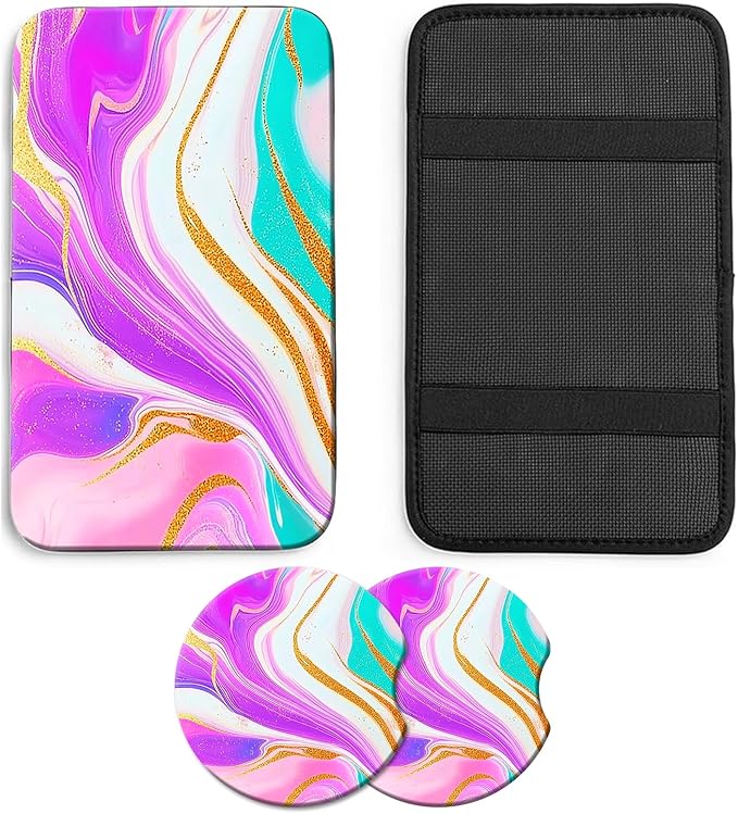 JANENFNA Car Armrest Cover Pads Universal Fashion Cute Auto Center Console Armrest Cover Pad with 2PCS Car Coasters Soft Waterproof Car Armrest Seat Protector for Women,Pink Pattern Marble