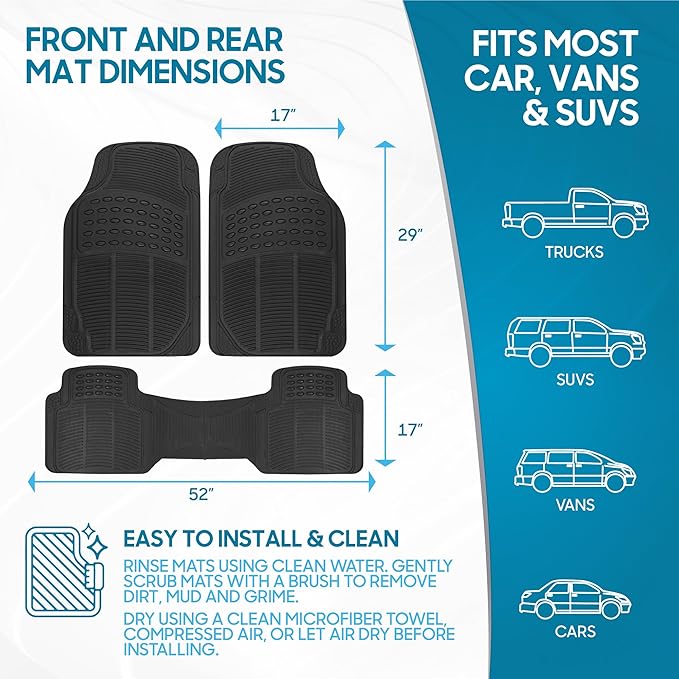 BDK M783 DuraChannel Heavy Duty Rubber Car Floor Mats Liner for Auto - All Weather 3 Piece Set Front & Rear, Fits Car Truck SUV Van, Universal Trim to Fit