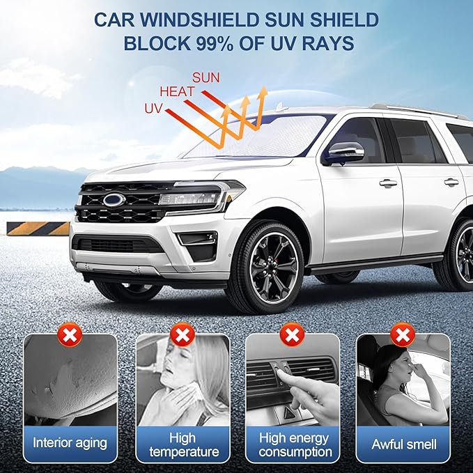 KMF Windshield Sun Shade for Ford Expedition 2018-2024 with 310T Foldable Car Sun Shade,Custom Fit Sunshade for Front Window Sun Visor Protector Interiors Block UV Rays Accessories