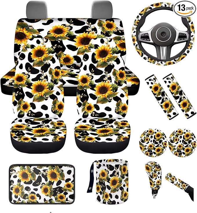 Dngkaoje Sunflower Cow Print Car Seat Cover Full Set for Front and Back,13 Pcs Sunflower Automotive Accessories Set Cute Cow Print Armrest Cover Protector, Seat Belt Pads,Handbrake Shift Covers