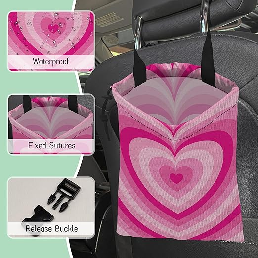 NHNXHWIA Pink Heart Car Garbage Bag,Romantic Heart Waterproof Small Car Trash Bag Hanging Back of Seat,Drawstring Hanging Car Trash Bag with Adjustable Buckle for Car Accessories