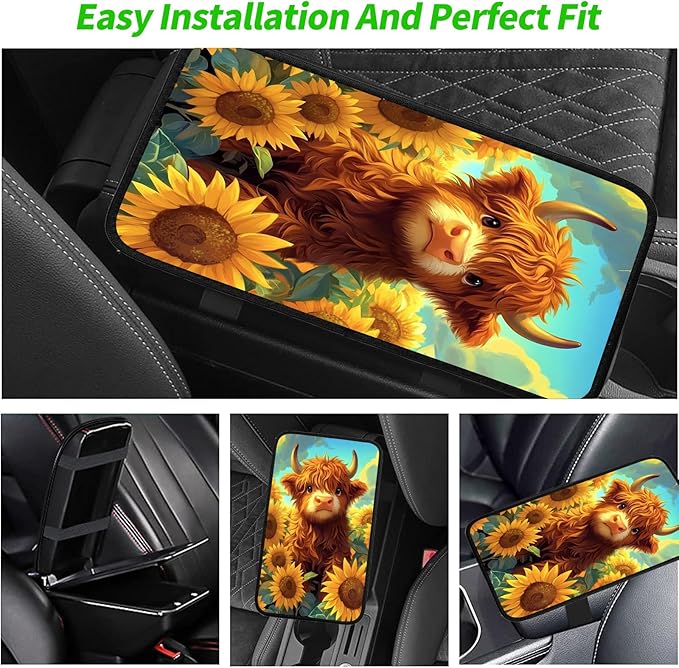 JANENFNA Car Armrest Cover Pads Universal Fashion Cute Auto Center Console Armrest Cover Pad with 2PCS Car Coasters Soft Waterproof Car Armrest Seat Protector for Women,Sunflower Highland Cow