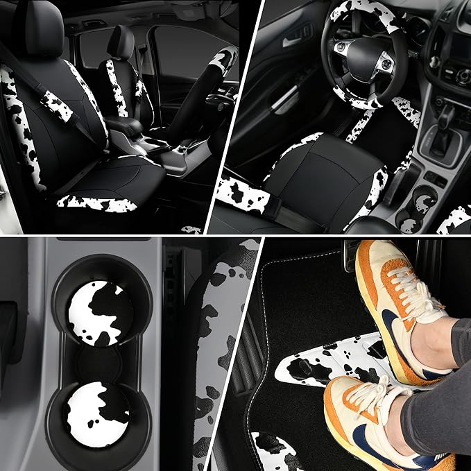 CAR-PASS Cow Print Car Accessories Sets Faux Leather Car Seat Covers & Cow Car Mats & Cow Steering Wheel Cover Seat Belt Pads Universal fit for SUV,Van,Saden,Truck Cute Automobile Interior Sets Women
