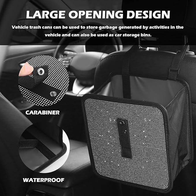 Bling Car Trash Can with Rhinestone,Foldable Car Garbage Can for In-Vehicle Waste Disposal,Multipurpose Hanging Back Seat Organizer & Decorations Fit for Most Cars Trucks