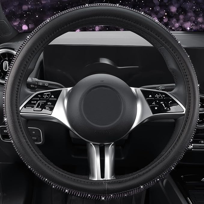 CAR PASS Bling Purple Diamond Leather Steering Wheel Cover, Sparkly Crystal Glitter Rhinestones Universal Fit 14" 1/2-15" Car Steering Wheel Protector for Women Girl Fit SUV,Van,Sedan,Truck, Purple