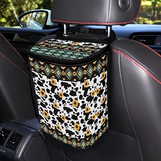 Tribal Aztec Cow Print Car Trash Bin Interior Accessories Portable Leak Proof Vehicle Garbage Cans Bag for Back Seat Washable Mini Car Trash Cans