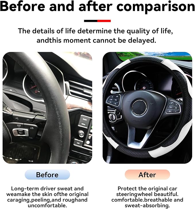 Car Steering Wheel Cover, 15 inch Carbon Fiber Microfiber PU Leather Elastic Steering Wheel Protector for Men Women, Anti-Slip Breathable Car Interior Accessories for Most Cars (White)