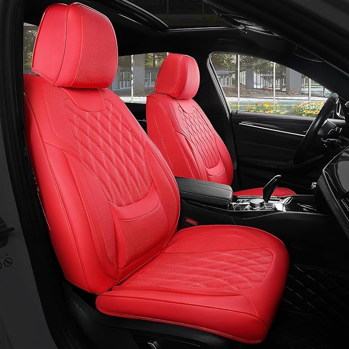 FREESOO Red Car Seat Covers Full Set - Faux Nappa Leather Seat Covers for Cars, Ultra Breathable Waterproof Front Seats Protector with Lumbar Support, Universal Fit for Automotive Sedan SUVs Pickups