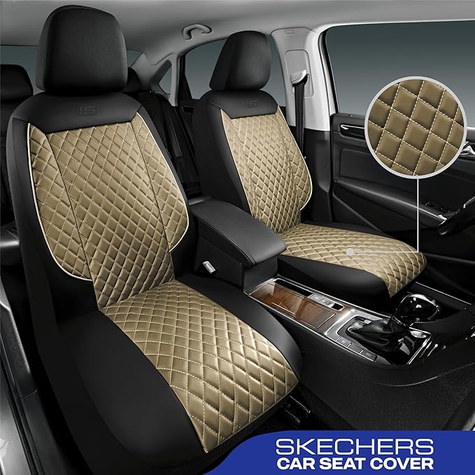 Skechers Car Seat Covers,Piping Luxury Faux Seat Covers,Waterproof Anti Slip Car Seat Protector Front Seats,Car Accessories Airbag Universal Fit for Most Cars,Vans,Trucks,SUV,Beige