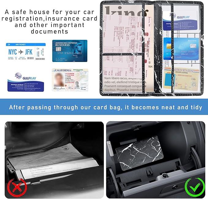 Ziciner Car Registration and Insurance Holder, Auto Card Document Glove Box Organizer with Magnetic Closure, Universal Vehicle Interior Accessories for Cars SUVs (Marble Black-Large)