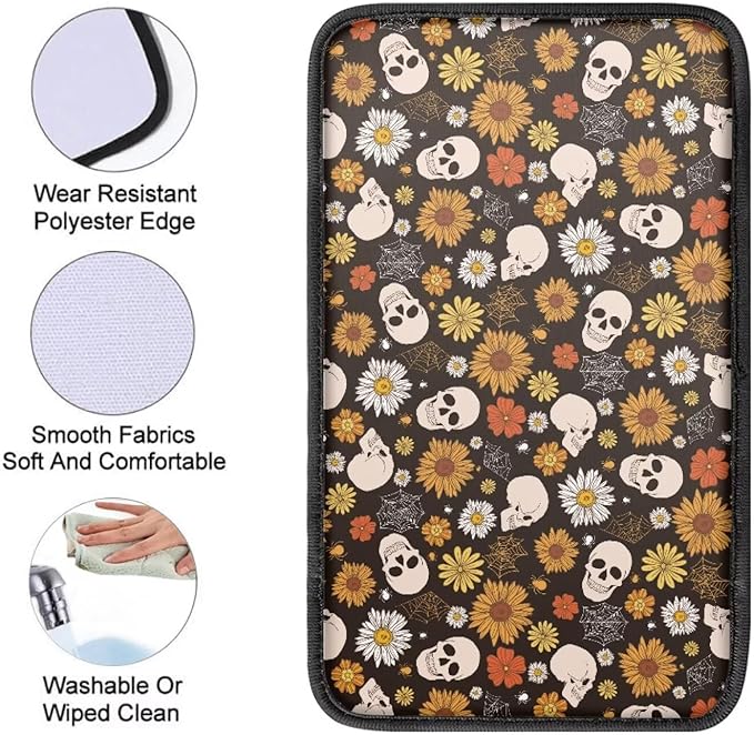 Skull Daisy Car Center Console Cushion Pad Protector Arm Rest Car Comfortable Auto Fashion Auto Interior Armrest Console Accessories Fit Most Cars, Truck, SUV, or Van