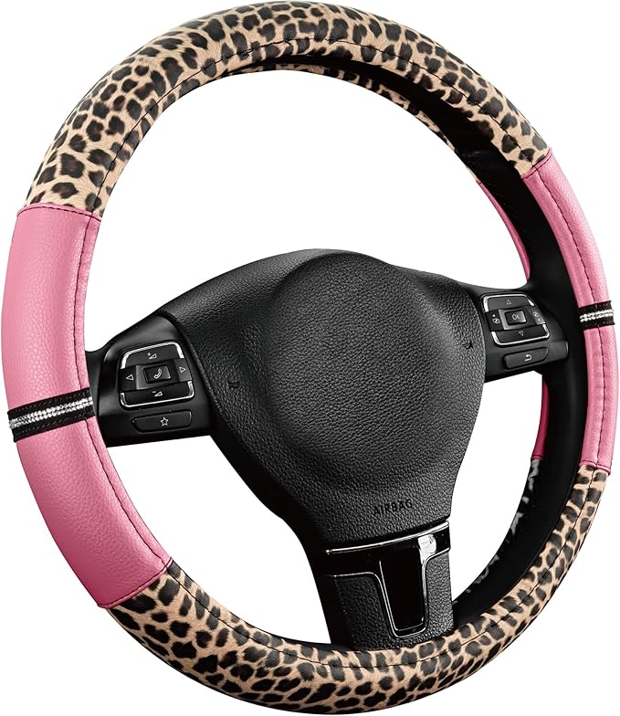 Road Comforts Leopard Steering Wheel Cover - Made with PVC Leather Cheetah Print - Anti-Slip, Universal Fit 14 1/2 inches to 15 inches - Pink