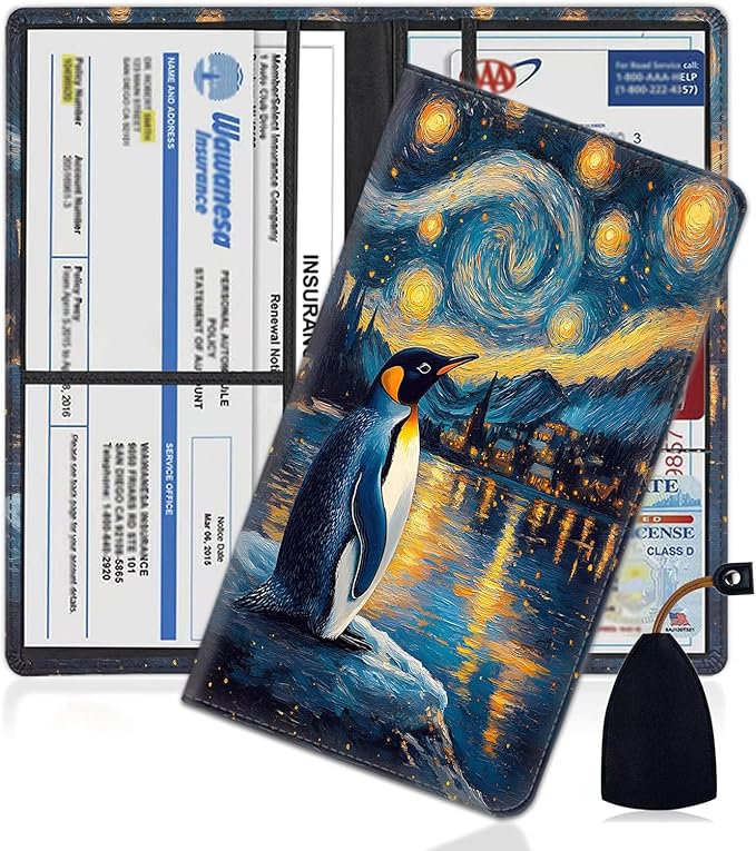 Car Document Holder with Magnetic Shut, Car Registration and Insurance Card Holder, Vehicle Glove Box Organizer Documents, Driver License, Auto Paperwork Organizer Wallet, Penguin Under The Starry Sky