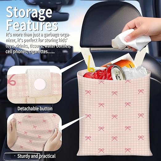 BEAKND Hanging Car Garbage Bag, Cute Car Trash Can Bag, Automotive Accessories for Women Men Cute Pink Checkerboard Bow