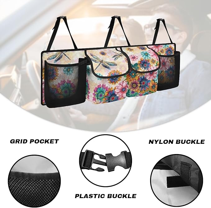 CLOHOMIN Dragonfly Car Trunk Organizer SUV Trunk Organizer Dahlia Car Backseat Storage Bag with 4 Pockets Hanging Backseat Organizer with Adjustable Straps Auto Accessories