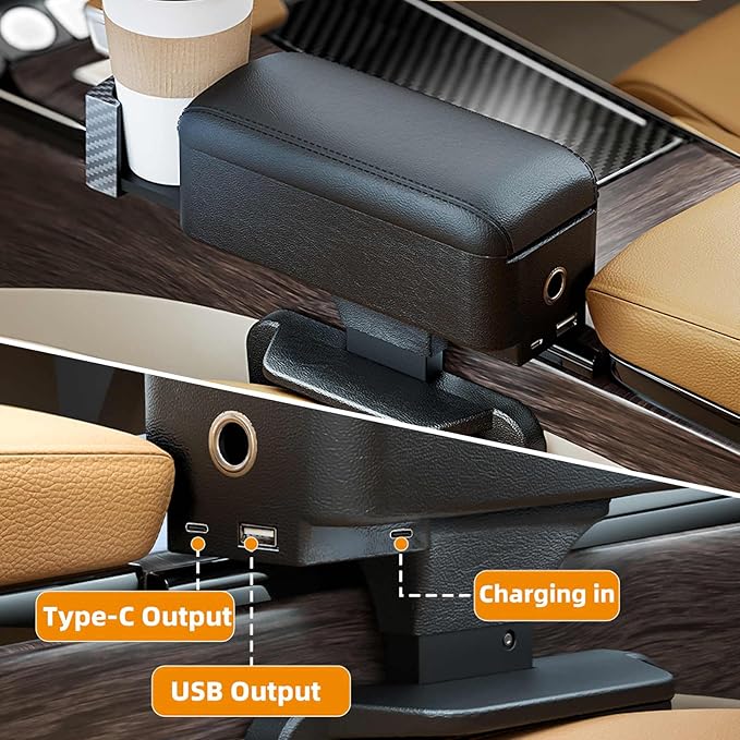 RUPSE Universal Car Armrest Storage Box with Cup Holder, USB/Type-C Ports, Adjustable Wrist Support,Center Console Organizer for Most Vehicles