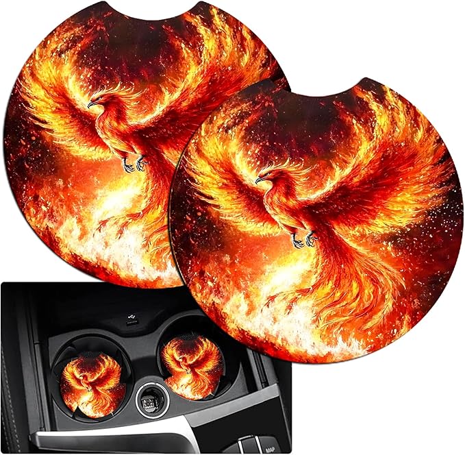 JANENFNA Car Armrest Cover Pads Universal Fashion Cute Auto Center Console Armrest Cover Pad with 2PCS Car Coasters Soft Waterproof Car Armrest Seat Protector for Women,Fiery Phoenix