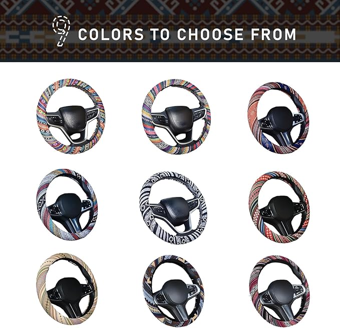 Boho Steering Wheel Cover, 15.0"×15.0" Anti-Slip Baja Blanket Ethnic Steering Wheel Protector, Breathable Flax Cloth Elastic Bohemian Steering Wheel Cover, Car Accessories (Style D)