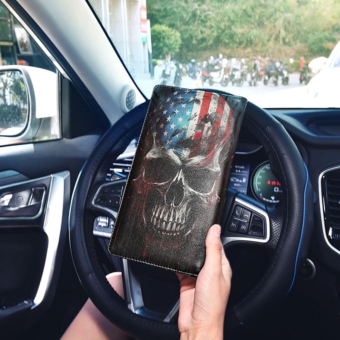 American Flag Skull 4th Of July Car Registration and Insurance Holder Vehicle Glove Box Organizer Car Accessories Wallet Case for Women Men 202a4876