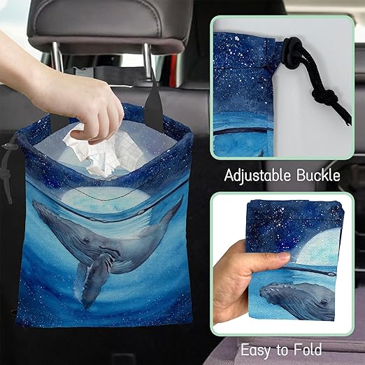 NHNXHWIA Watercolor Blue Whale Car Garbage Bag,Moon Starry Night Waterproof Small Car Trash Bag Hanging Back of Seat,Drawstring Hanging Car Trash Bag with Adjustable Buckle for Car Accessories