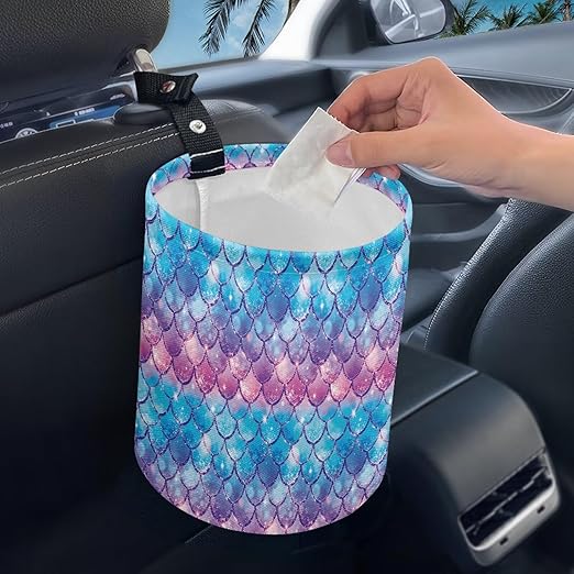 Mermaid Scale Car Trash Bag Portable Garbage Bin Printed for Car Front Seat, Back Seat, Floor, Easy to Clean Accessory Car Interior Decoration