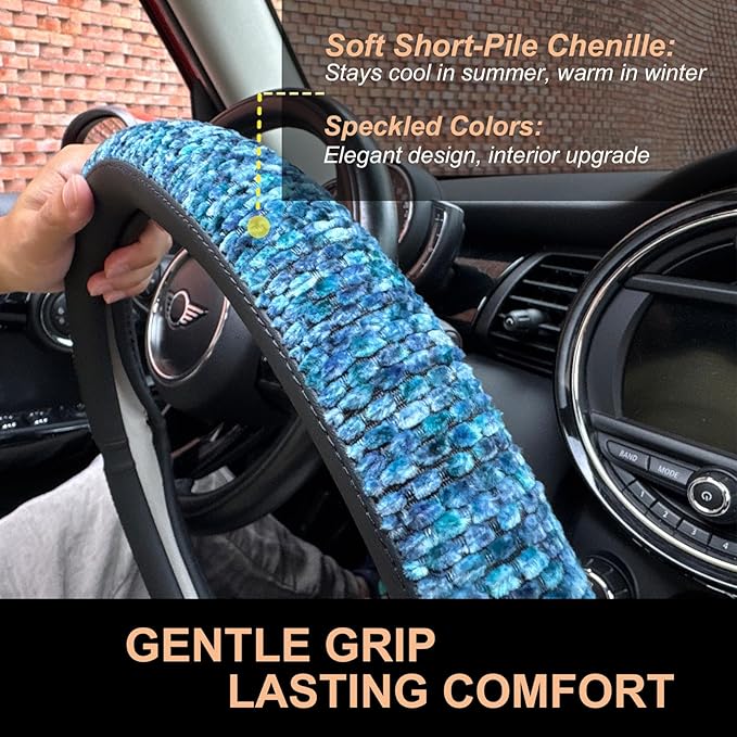 PINCTROT D Shaped Chenille Leather Steering Wheel Cover, Soft Mottled Colors, Sweat-Proof, Non-Slip Grip, All-Season Comfort, Flat Bottom 14.5-15 Inch(Mottled Blue)