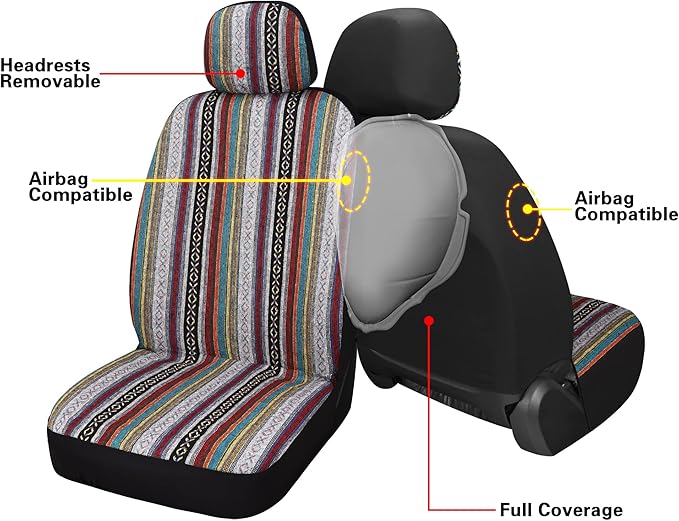 HAIYAOTIMES Baja Saddle Blanket Car Seat Covers Front Set with Seat Belt Pads, Washable Breathable Seat Covers for Cars, Universal Fit Interior Covers for Most Sedan Truck SUV, Airbag Compatible, Red