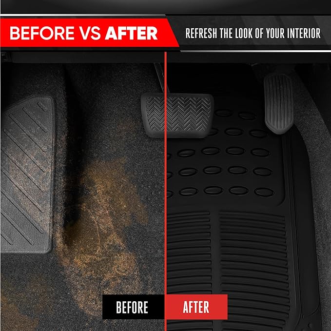BDK 3-Row ProLiner Original Heavy Duty 4pc Front & Rear Rubber Floor Mats for Car SUV Van (Fits 3rd Row Vehicles) - All Weather Protection Universal Fit (Black)