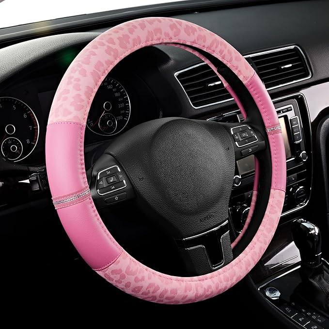 Road Comforts Leopard Steering Wheel Cover - Made with PVC Leather Cheetah Print - Anti-Slip, Universal Fit 14 1/2 inches to 15 inches - Pink