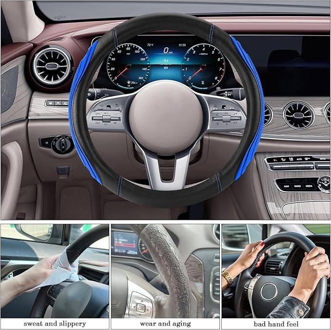 Blue Film Splicing Leather Steering Wheel Cover, Microfiber Leather, Anti-Slip, Breathable, Universal Fit for 14.5–15 in Steering Wheel Cover for Men Women