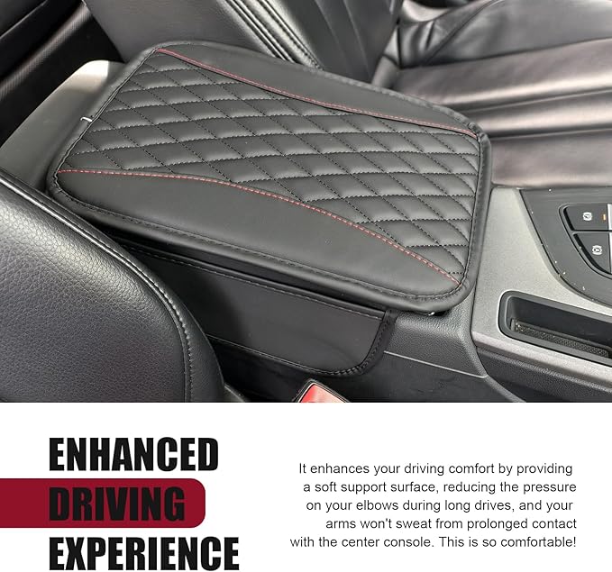 Car Center Console Cover, Upgraded Patchwork Leather Arm Rest Cover with Side Storage Pockets, Comfortable Auto Armrest Protector Cushion, Universal Middle Console Pad for SUV, Sedan (Black)