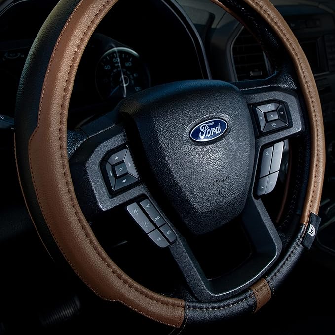 Plasticolor 006747R01 WeatherPro Larger-Sized Truck Black/Brown Steering Wheel Cover