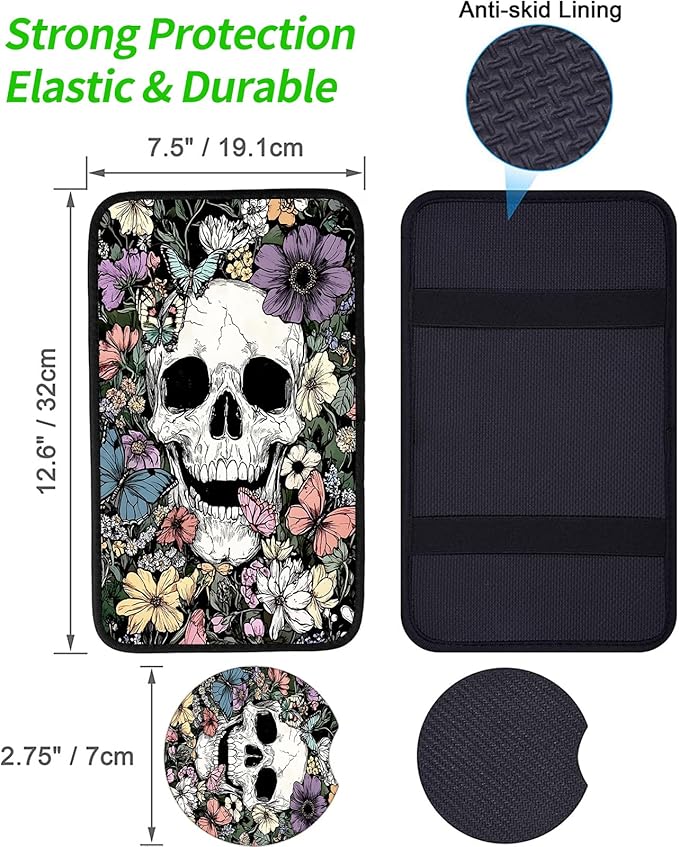 JANENFNA Car Armrest Cover Pads Universal Fashion Cute Auto Center Console Armrest Cover Pad with 2PCS Car Coasters Soft Waterproof Car Armrest Seat Protector for Women,Flower Bush Skull