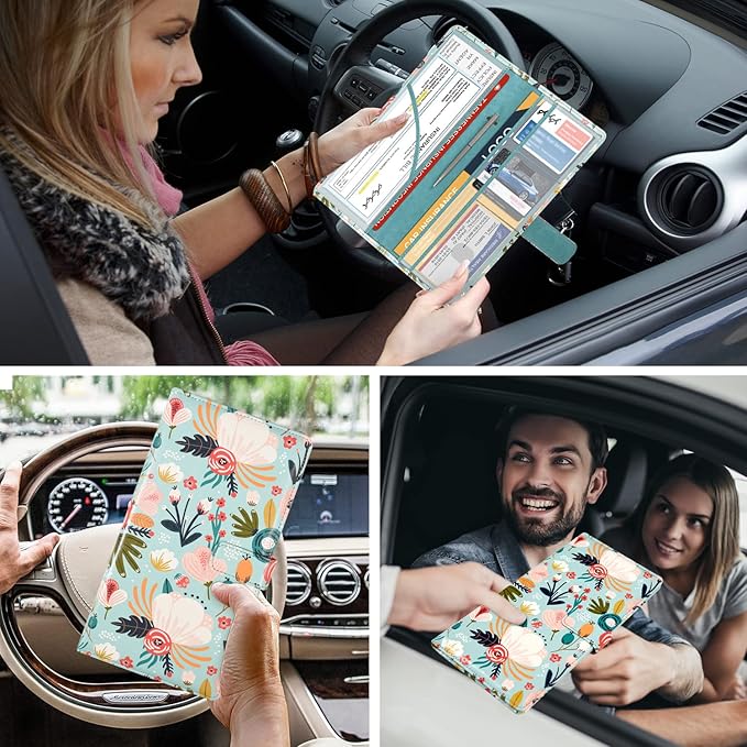DMLuna Car Registration and Insurance Holder, Leather Vehicle Card Document Glove Box Organizer, Auto Truck Compartment Accessories for Essential Information, Driver License Cards, Hill Flower