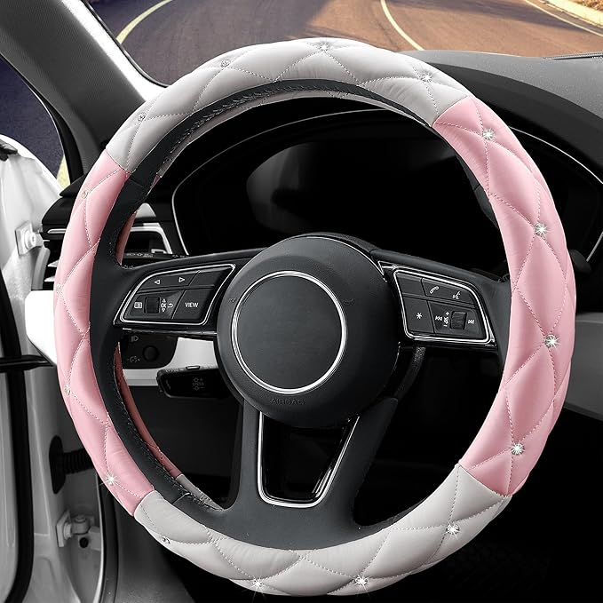 YOGURTCK Cute Diamond Soft Leather Steering Wheel Cover with Bling Bling Crystal Rhinestones, Universal 15 Inch for Women Girls, Fit Vehicles, Sedans, SUVs, Vans, Trucks - Light Pink and White