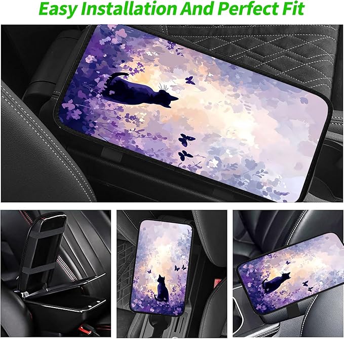 JANENFNA Car Armrest Cover Pads Universal Fashion Cute Auto Center Console Armrest Cover Pad with 2PCS Car Coasters Soft Waterproof Car Armrest Seat Protector for Women,Purple Flower Sea Cat