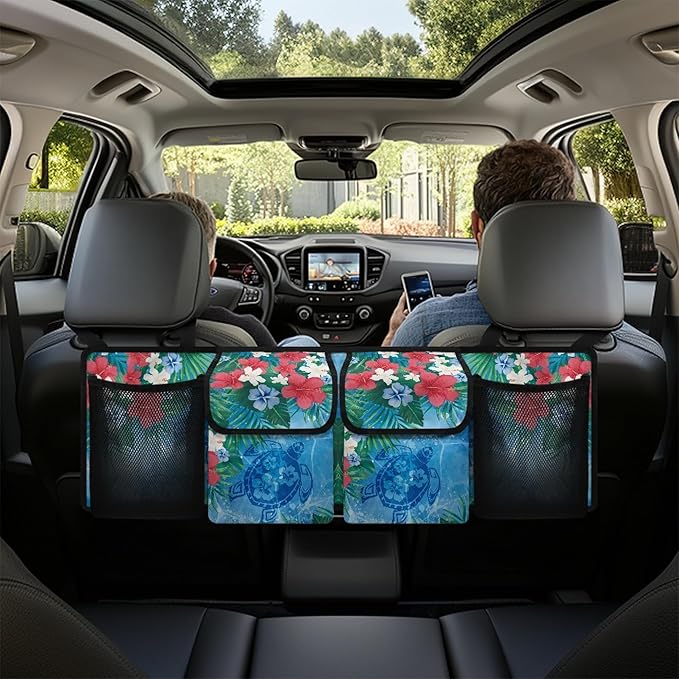 CLOHOMIN Hibiscus Car Trunk Organizer Blue Sea Turtle Car Storage Bags Washable Car Trunk Tool Organizer Collapsible Cargo Bag with 4 Pockets Car Decorative Accessories