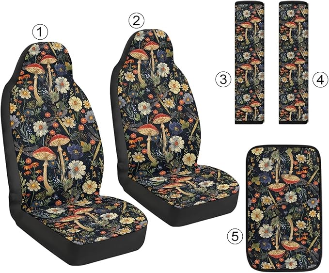 Qeluxign 5 Pieces Car Seat Cover Full Set, Mushroom Floral Seat Covers Car Seatbelt Pads Vehicle Center Console Armrest Cover Pad for Truck SUV Sedan Automotive Interior Decoration Accessorie