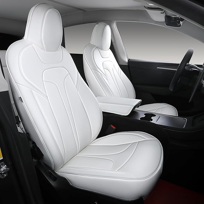 OURPLOT Custom Fit Seat Covers for 2020-2024 Tesla Model Y (5-Seater), Waterproof Nappa Leather, OEM Factory Style Full Set Car Seat Protectors Airbag Compatible - White