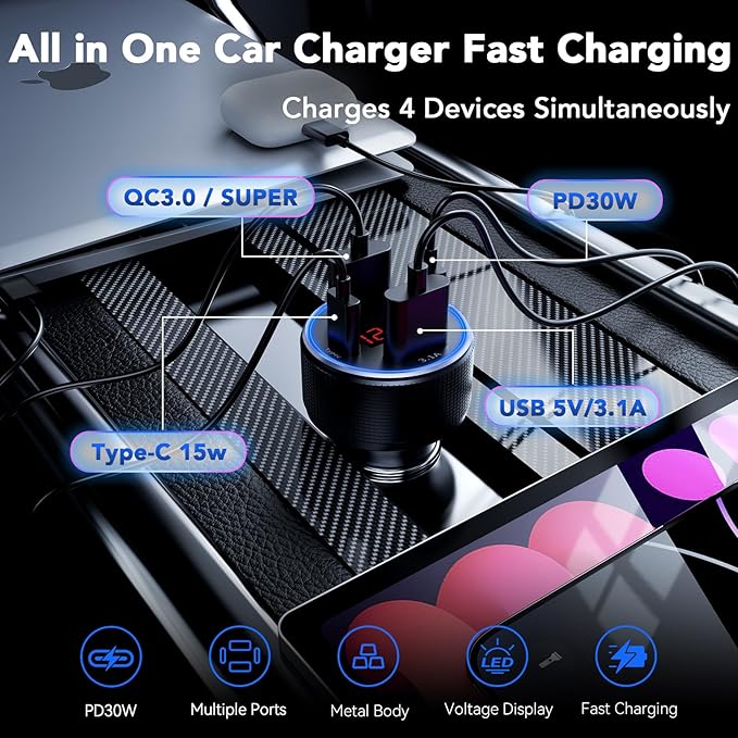 iPhone 17 Car Charger USB C Fast Charge Cable, 78W 4 Port Metal Car Phone Charger Adapter with Voltmeter PD 30W & QC3.0 Cigarette Lighter USB Adapter for iPhone 17/16/15, Galaxy, iPad, Android