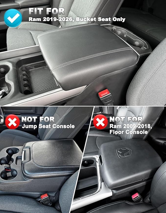 Center Console Cover for Dodge Ram 1500 2019-2026, Bucket Seat, Vinyl Leather Interior Accessories, Car Armrest Cushion Pad, Anti-Scratch, Black-Blue Stitch