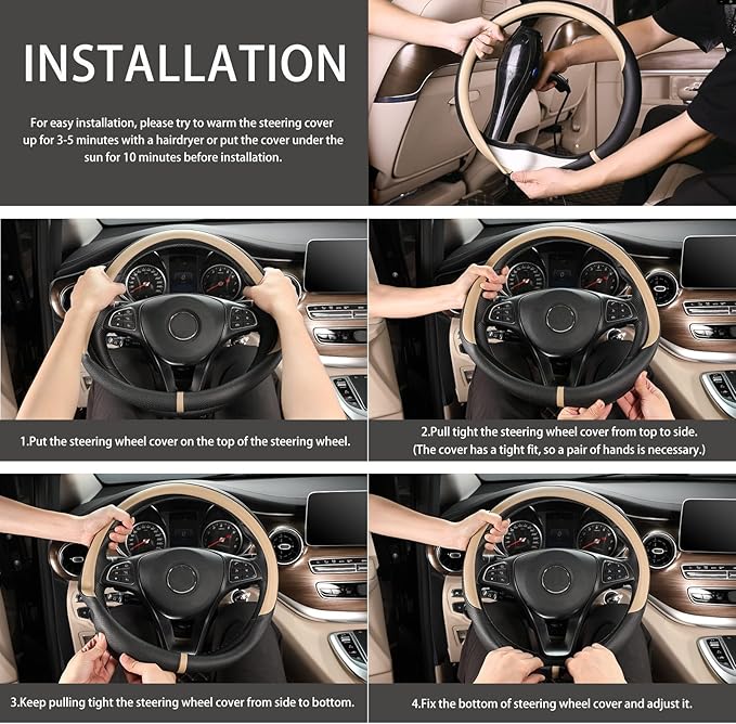 COFIT Breathable Car Steering Wheel Cover 15 inch Auto Universal Leather Wrap Non-Slip Steeringwheel Protector Automotive Interior Accessories, Beige (Suit for 14 1/2-15 inch)