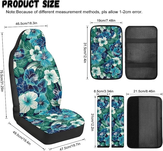 Qeluxign Hibiscus Floral Air Mesh Car Seat Covers & Accessories 5-Piece Set 2 Seat Covers, 2 Shoulder Belt Pads, 1 Console Pad PU Leather Car Interior Set for Women