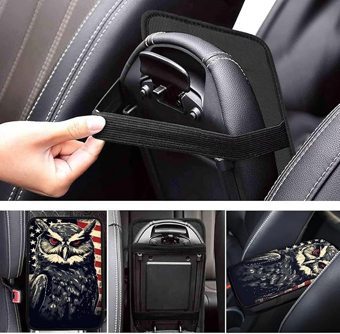 Car Center Console Pad, Universal Waterproof Car Armrest Seat Box Cover, Car Interior Accessories for Most Vehicle SUV Truck Vintage American Flag Owl Car Armrest Pad