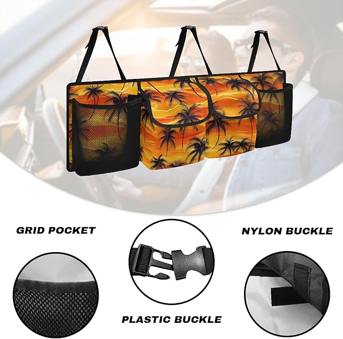 CLOHOMIN Sunset Car Seatback Organizer Coconut Tree Car Trunk Organizer Hanging Car Storage Bags with 4 Pockets Orange Car Trunk Mesh Storage Car Decor