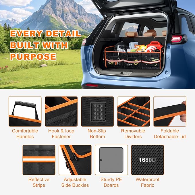 SKYJDM 95L Car Trunk Organizer with Removable Cooler Bag, Collapsible Trunk Storage Organizer with Removable Lid - Multi Compartment Waterproof Storage Organization, Fits Most Car, Truck, Orange