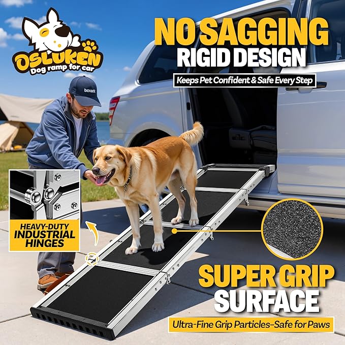 Dog Ramp for Car (200 lbs), Extra L71” W17” Folding Pet Ramp for Large Dogs 90° Adjustable Head, Outdoor Anti-Slip Foldable Dog Car Ramps for SUV Truck Side Door (5 Folded)