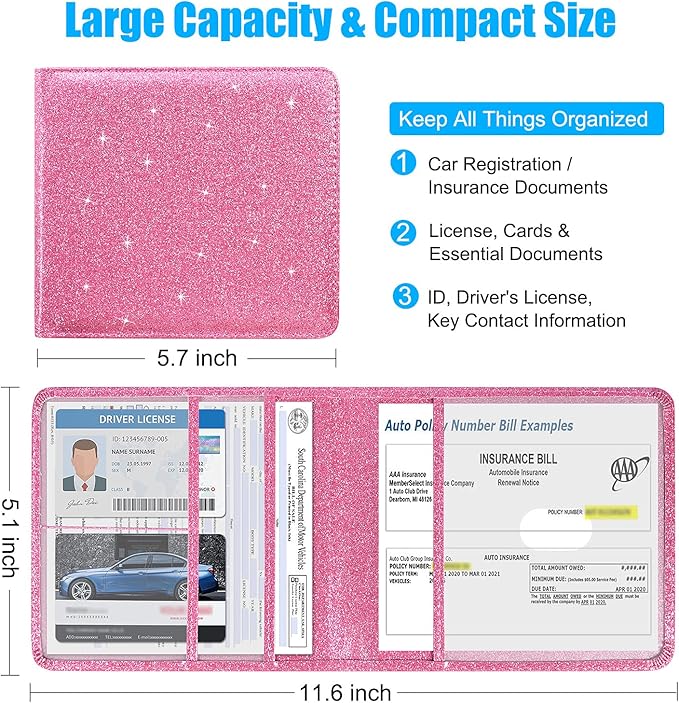 DMLuna Car Registration and Insurance Holder, Folio Leather Vehicle Card Document Glove Box Organizer, Auto Truck Compartment Accessories for Essential Information, Driver License Cards, Glitter Pink