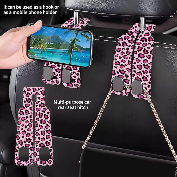 AEWNUNK Car Seat Headrest Hooks for Purses and Bags Abstract Pink Leopard 1 Pack Bag Purse Holder for Car with Double Metal Hooks Car Purse Hanger Hanging Accessories
