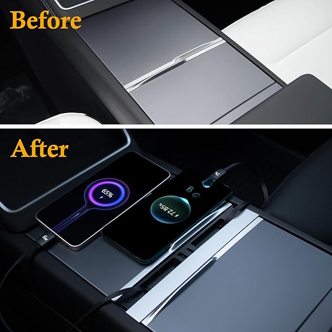 Car USB Hub Charger for Tesla Center Console with Fast Charging Retractable Cables Phone Charger Docking Station Accessories(Model Y Juniper 2025-2026 & Model 3 Highland 2024-2026)